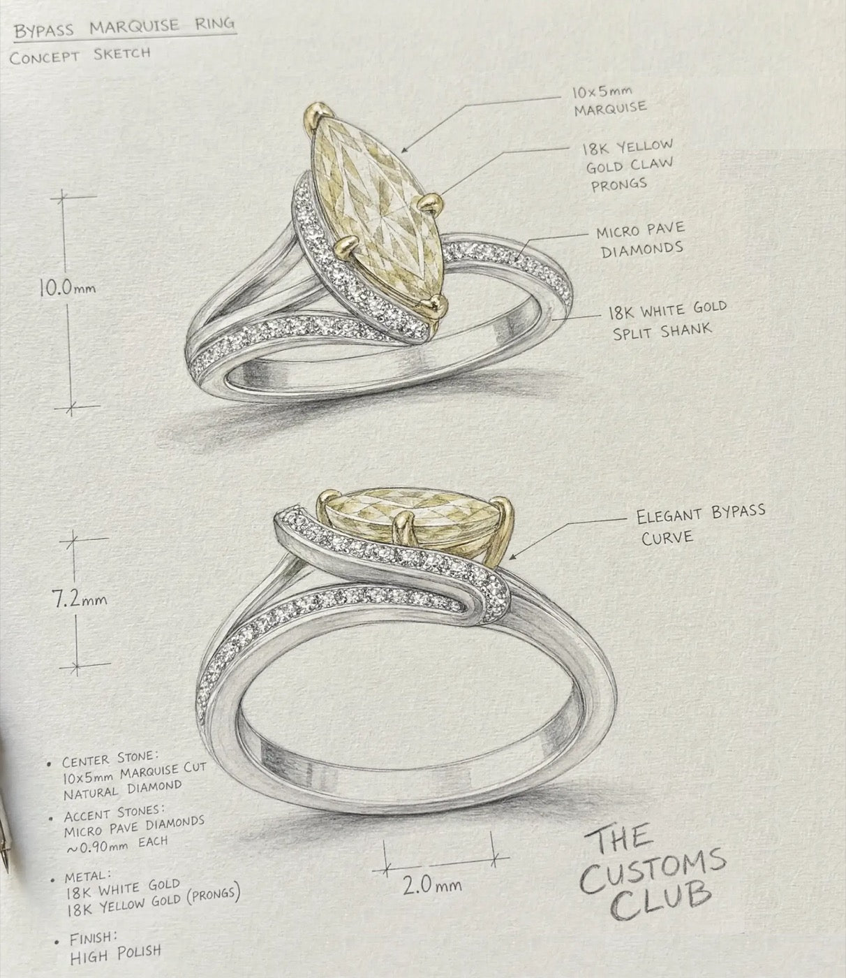 Concept sketch of a bypass marquise ring by The Customs Club