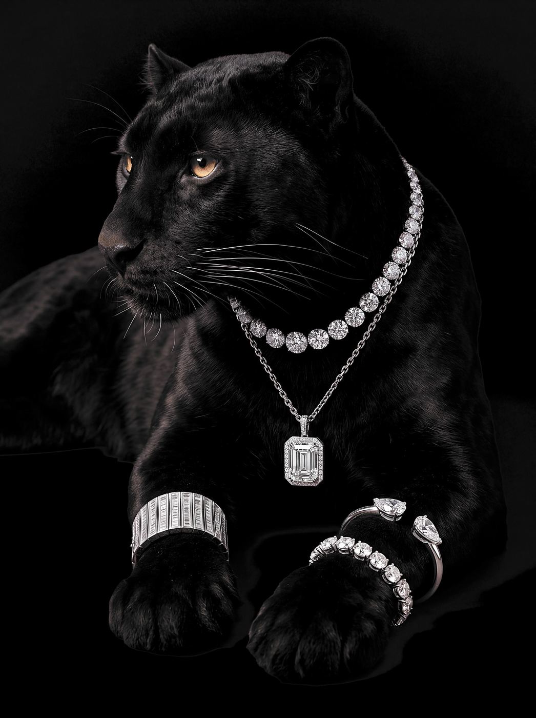 Black panther wearing a diamond tennis necklace, emerald-cut pendant, bracelets and rings